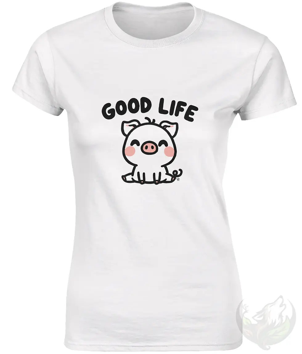 Thumbnail: White fitted tee with cartoon pig and “GOOD LIFE” text.