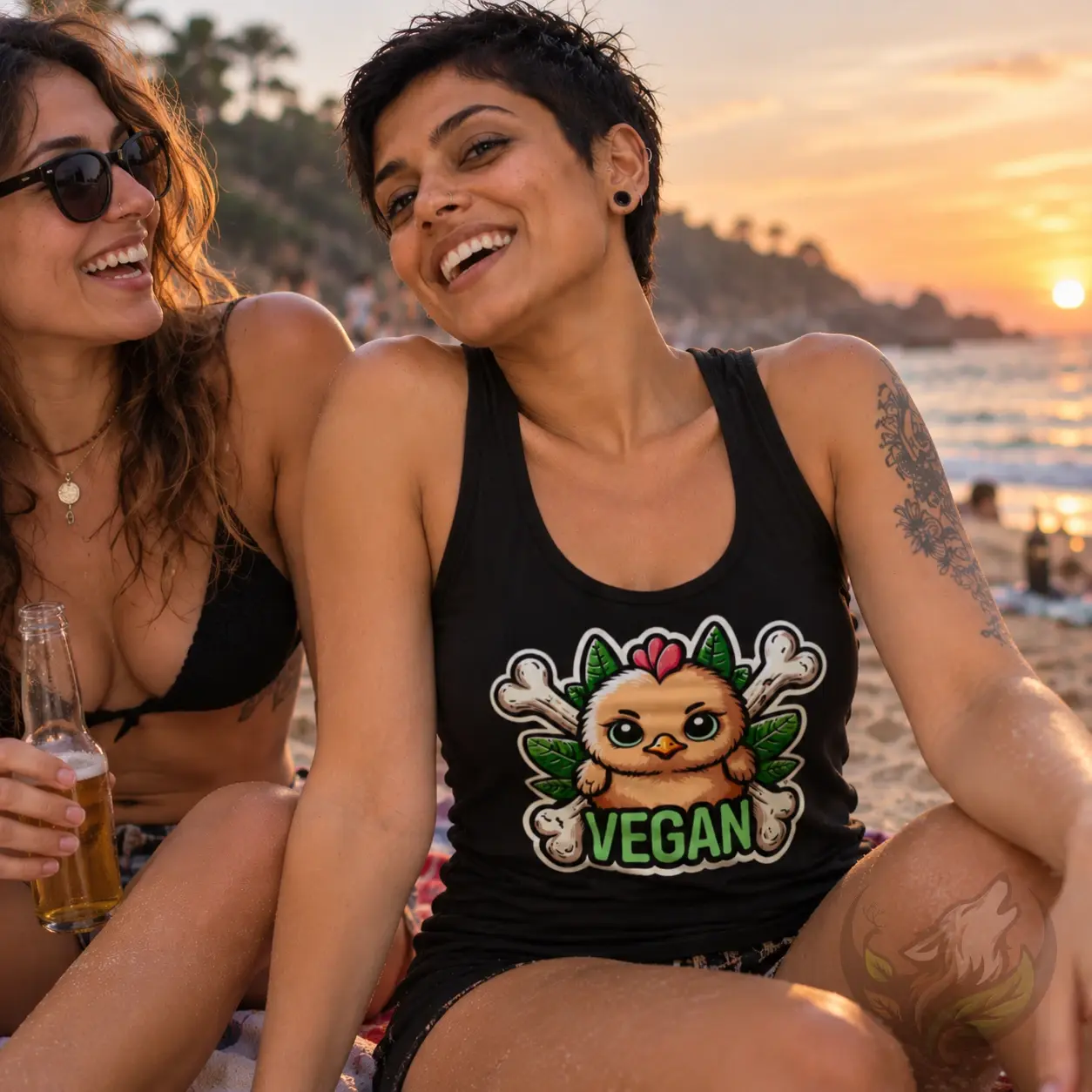 Women black vegan tank top with cute cartoon chick Vegan design at sunset on the beach