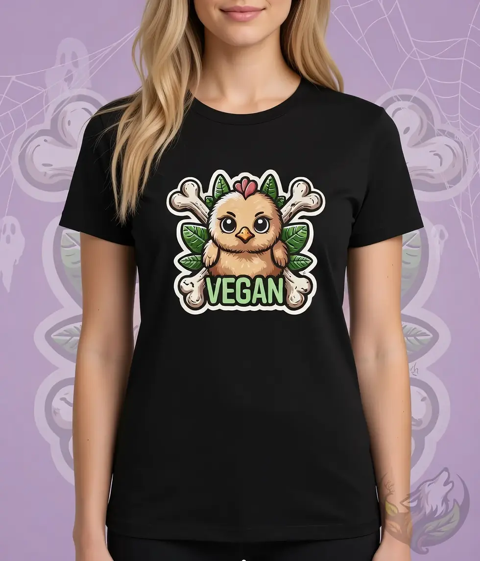 Thumbnail: Black fitted tee with the Vegan Quotes “Chicken Vegan” design shown in a Halloween‑themed studio setting.