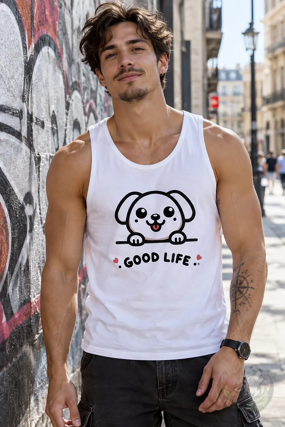 Man wearing white Good Life cartoon dog tank top on a city street