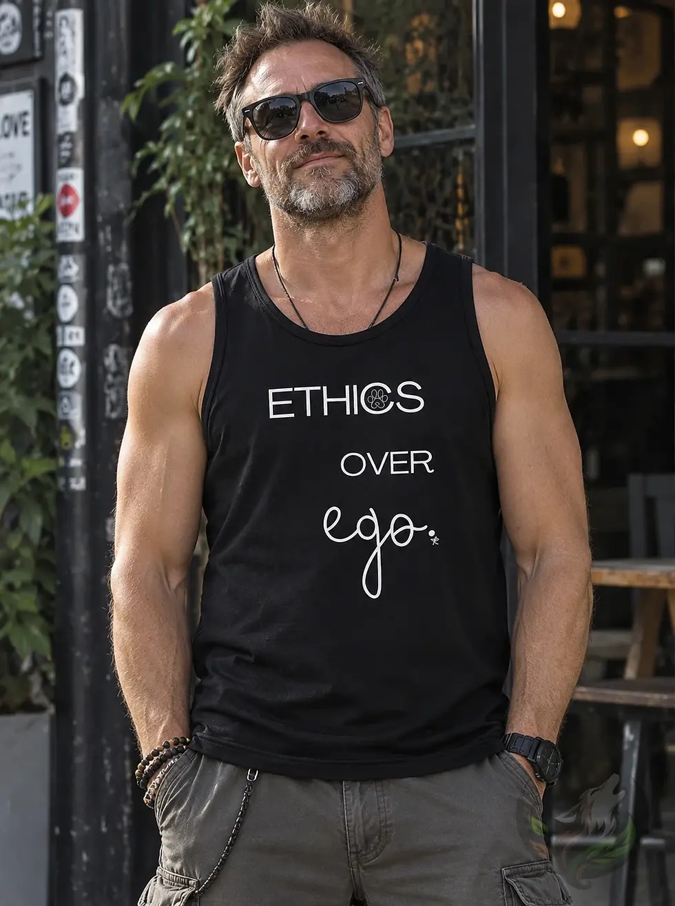 Mens black tank top with Ethics Over Ego design worn by a man outdoors