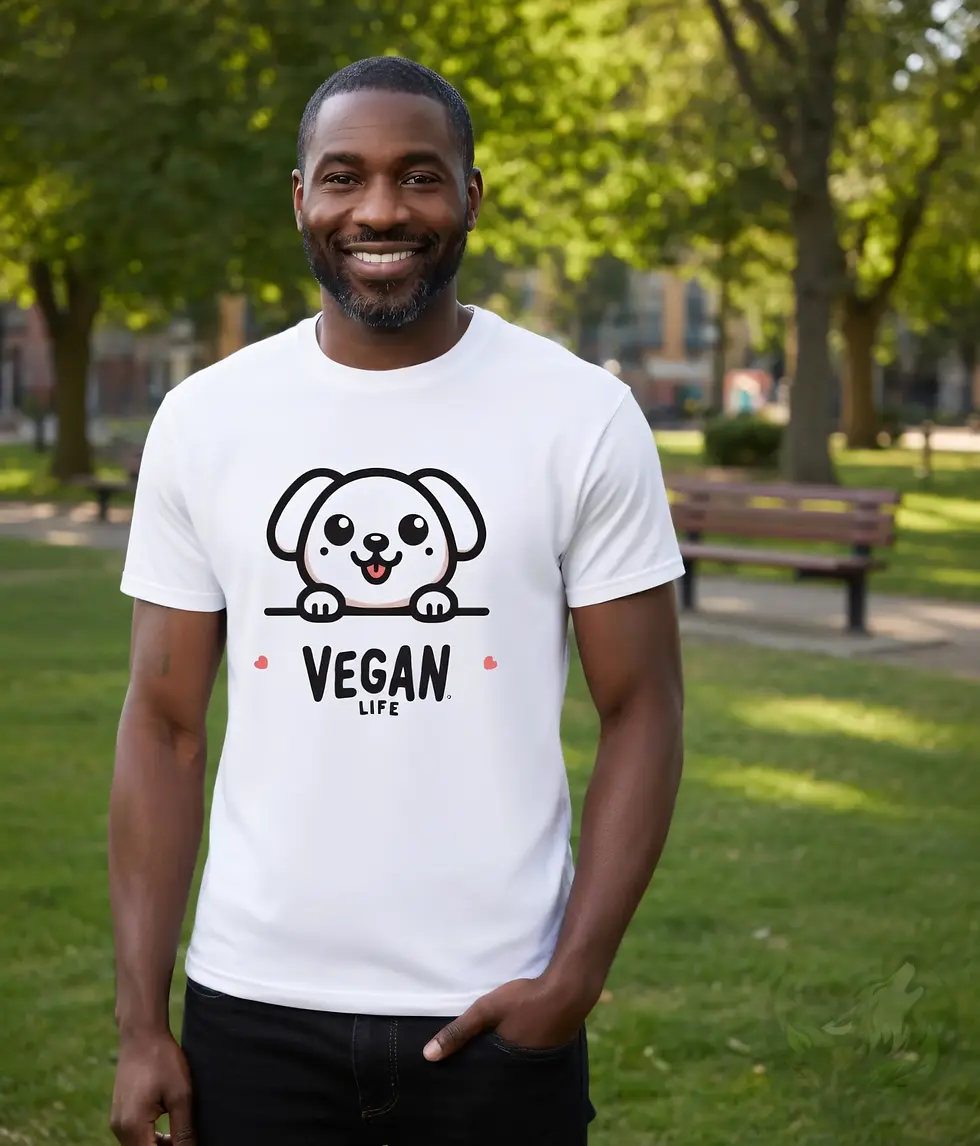 Thumbnail: White unisex t-shirt on smiling man in park, playful cartoon dog peeking with "VEGAN LIFE" lettering.
