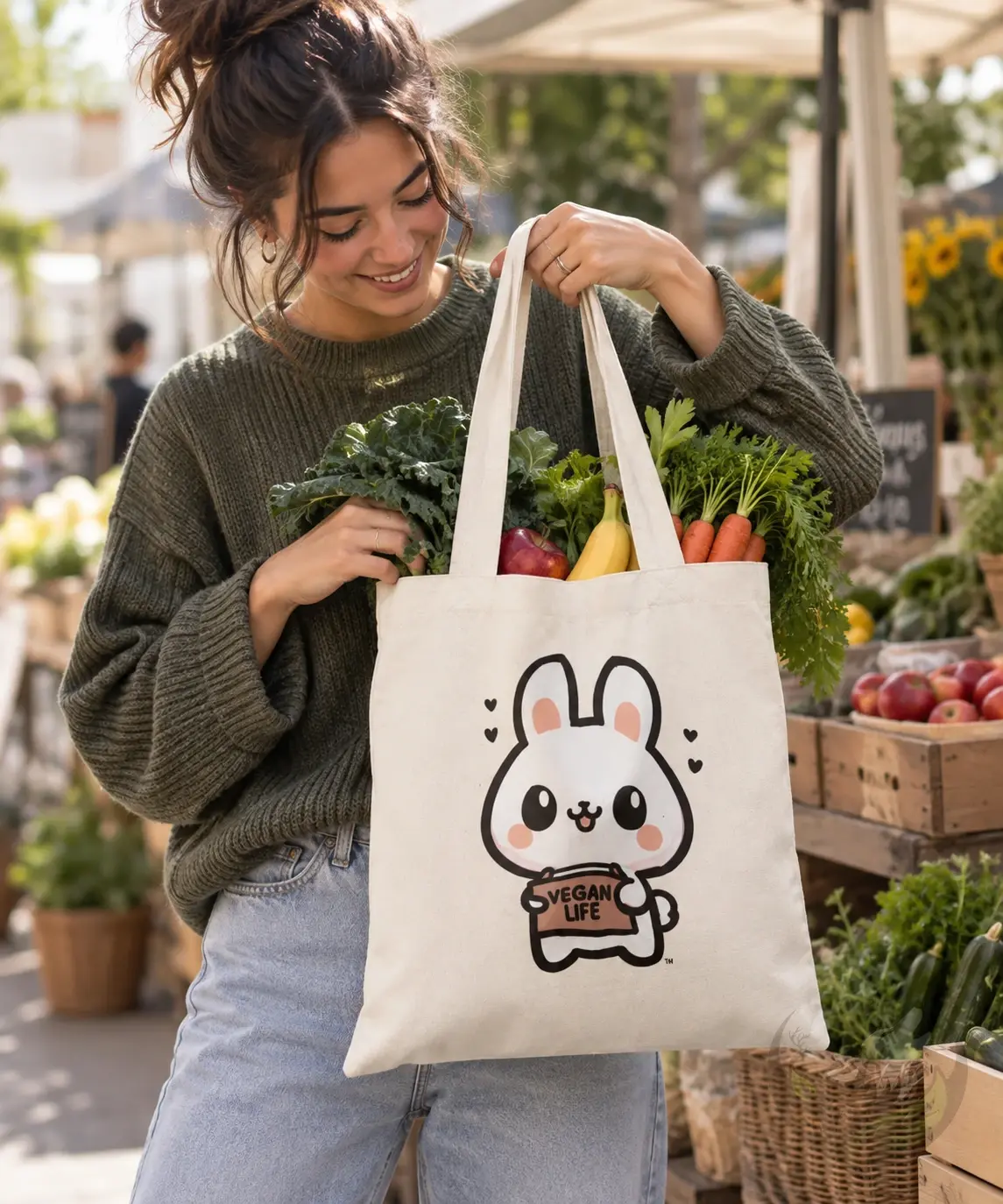 Person carrying a natural Vegan Life Rabbit tote bag featuring a cute cartoon bunny illustration