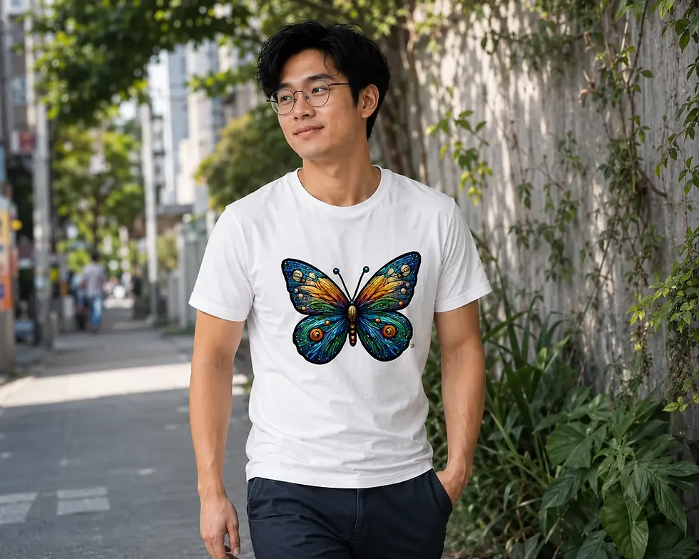 White unisex butterfly shirt worn by male model outdoors, colorful pixel art nature design in city scene