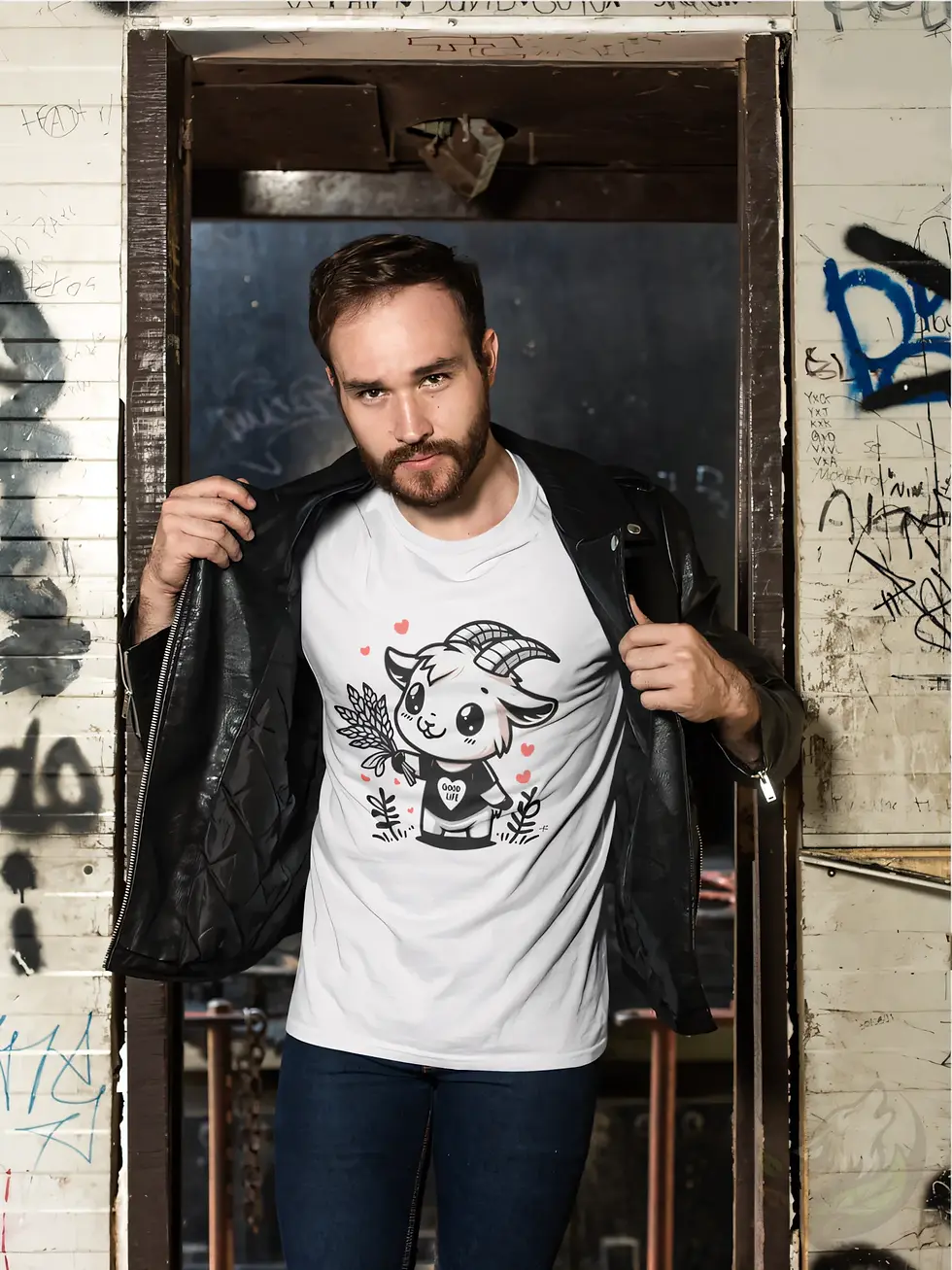 Thumbnail: Man wearing white goat Good Life cartoon shirt with black jacket in creative urban street setting