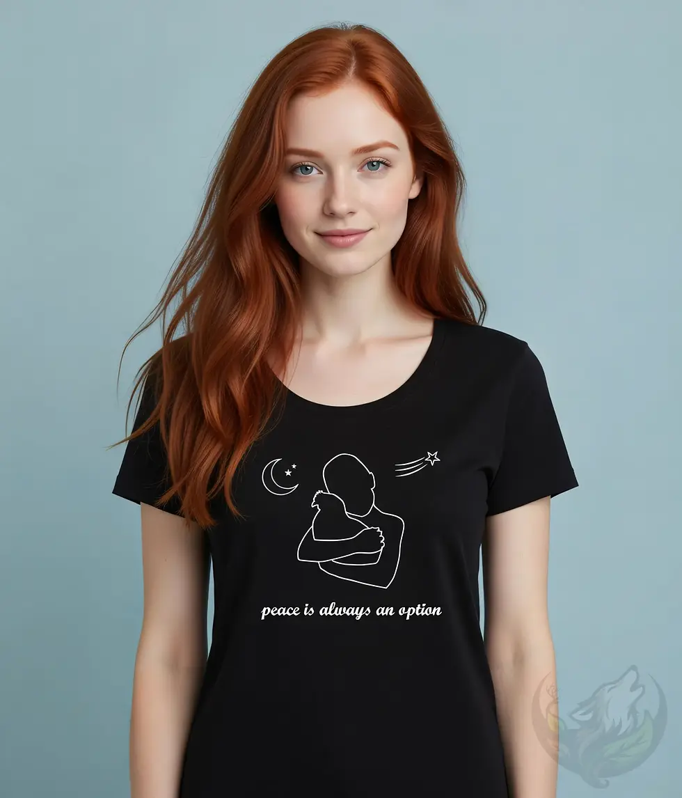 Thumbnail: Black scoop‑neck tee with the Vegan Quotes “Peace Is Always an Option” design shown in a studio setting.