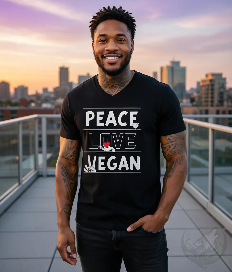 Thumbnail: Black V-neck unisex t-shirt worn by man on balcony with beard and tattoos, "PEACE LOVE VEGAN" bold graphic design.