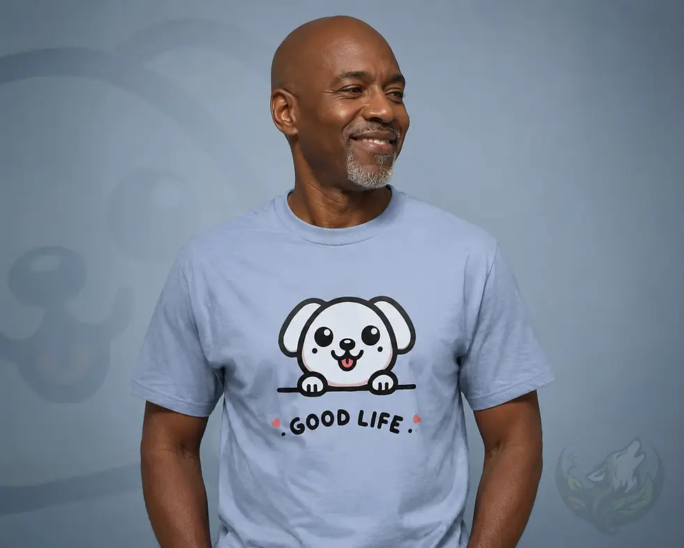 Smiling man wearing light blue unisex dog Good Life cartoon shirt on soft blue studio background