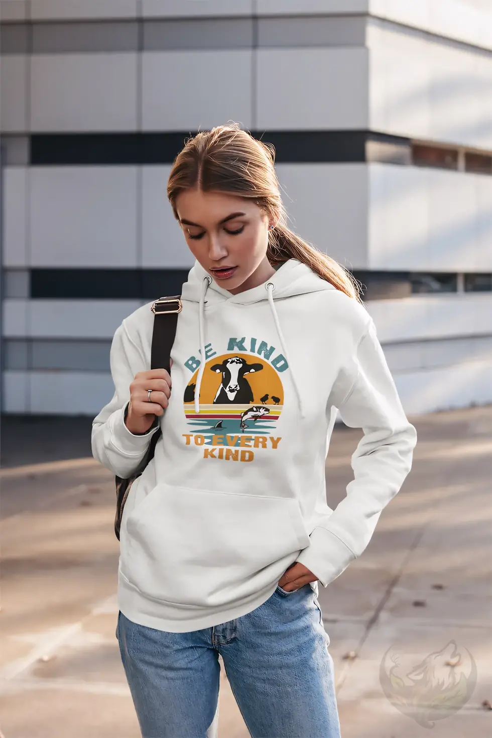 Thumbnail: White unisex hoodie featuring "BE KIND TO EVERY KIND" lettering and colorful retro cow-orca sunset illustration.
