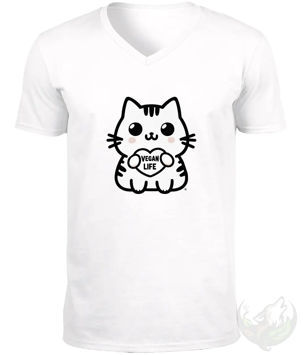 Thumbnail: White V-neck unisex t-shirt flat lay with cute cartoon cat holding heart "VEGAN LIFE" sign.