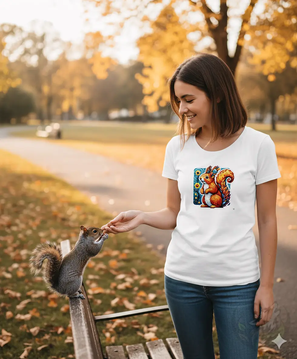 Thumbnail: White fitted t-shirt on smiling woman outdoors feeding squirrel, playful squirrel graphic on chest