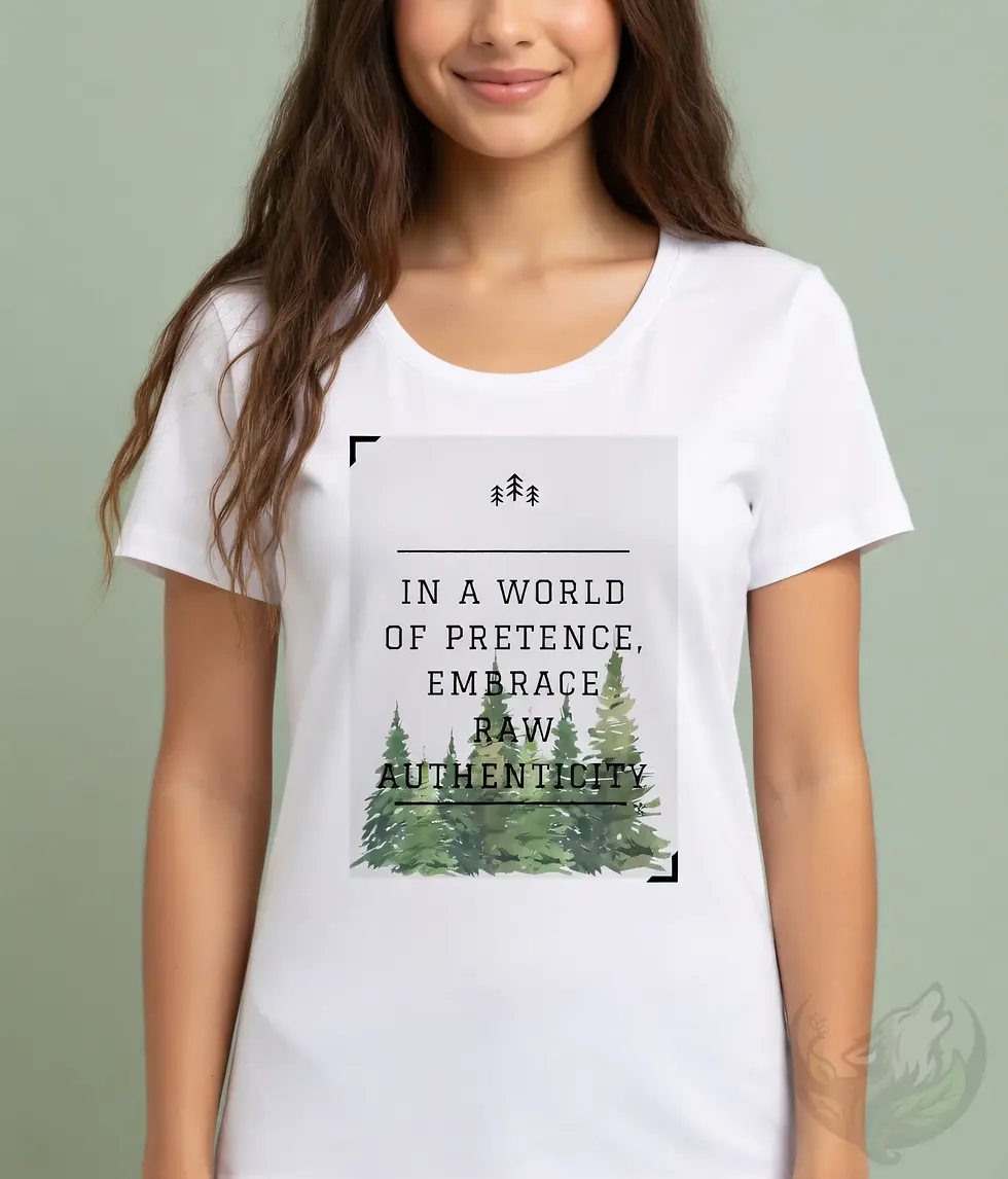 Thumbnail: Woman with long brown hair in white scoop neck t-shirt featuring pine trees and quote about embracing raw authenticity.