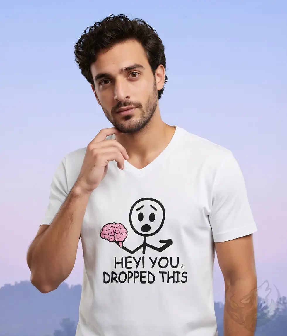 Thumbnail: Man wearing white V-neck “Hey! You Dropped This” brain graphic t-shirt in studio portrait