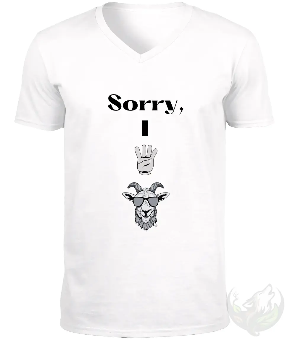 Thumbnail: Funny white V-neck shirt with Sorry I 4 goat design, playful goat pun graphic tee for men