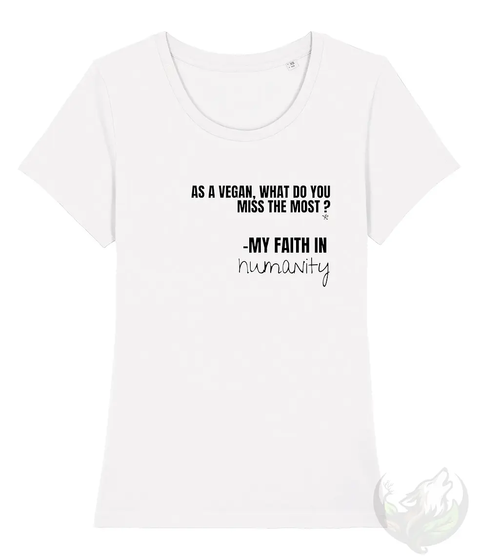 Thumbnail: White wide‑neck women’s shirt featuring the vegan quote “My Faith in Humanity” design.