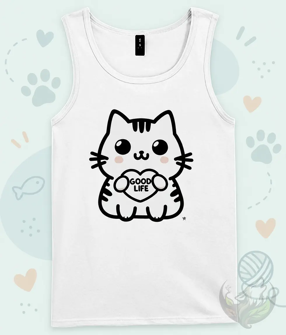 White mens tank top featuring a cute cartoon cat holding a Good Life heart