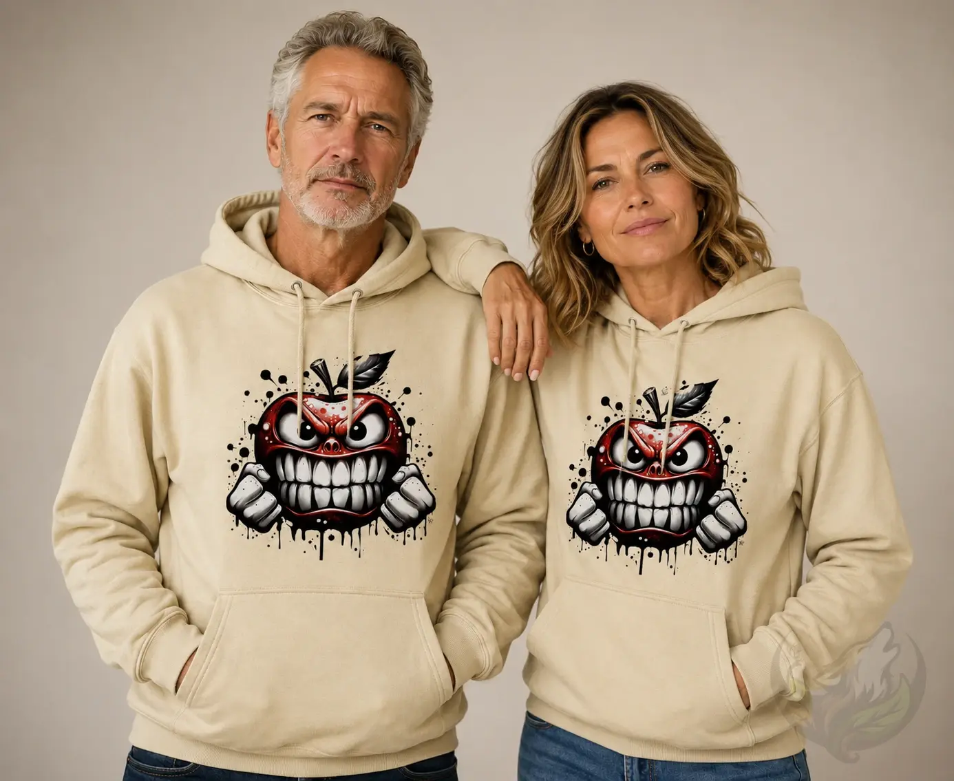 Couple wearing vanilla milkshake unisex hoodies featuring a bold angry graffiti apple design.