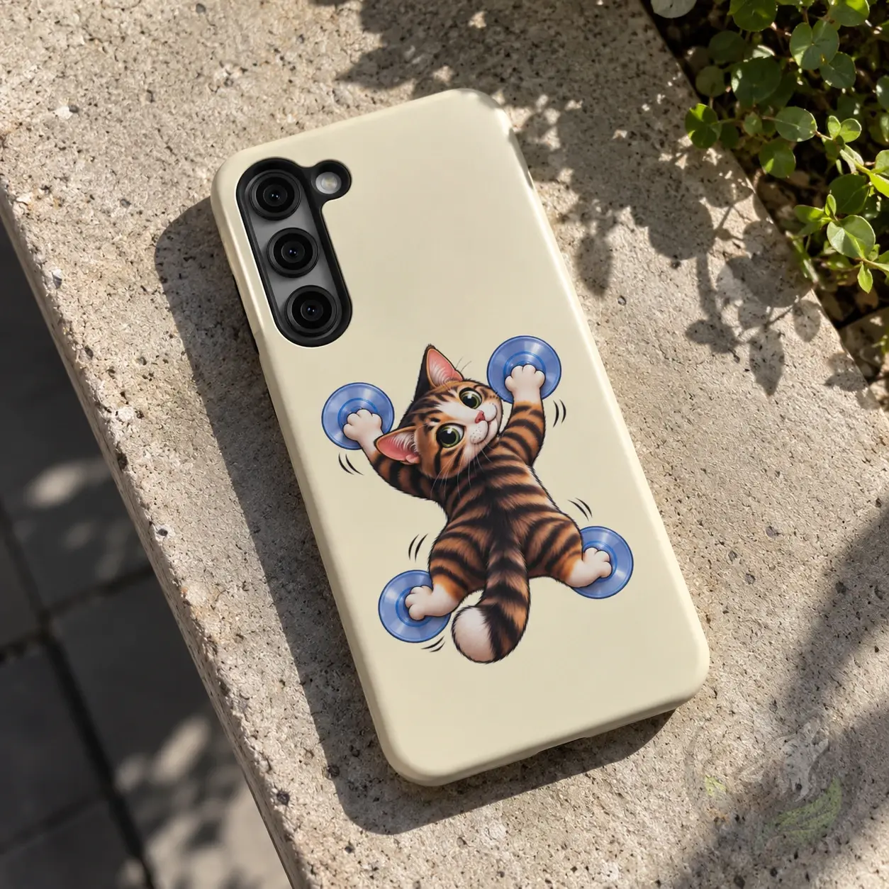 Cream Samsung phone case with playful tabby cat hanging from blue suction cups on stone
