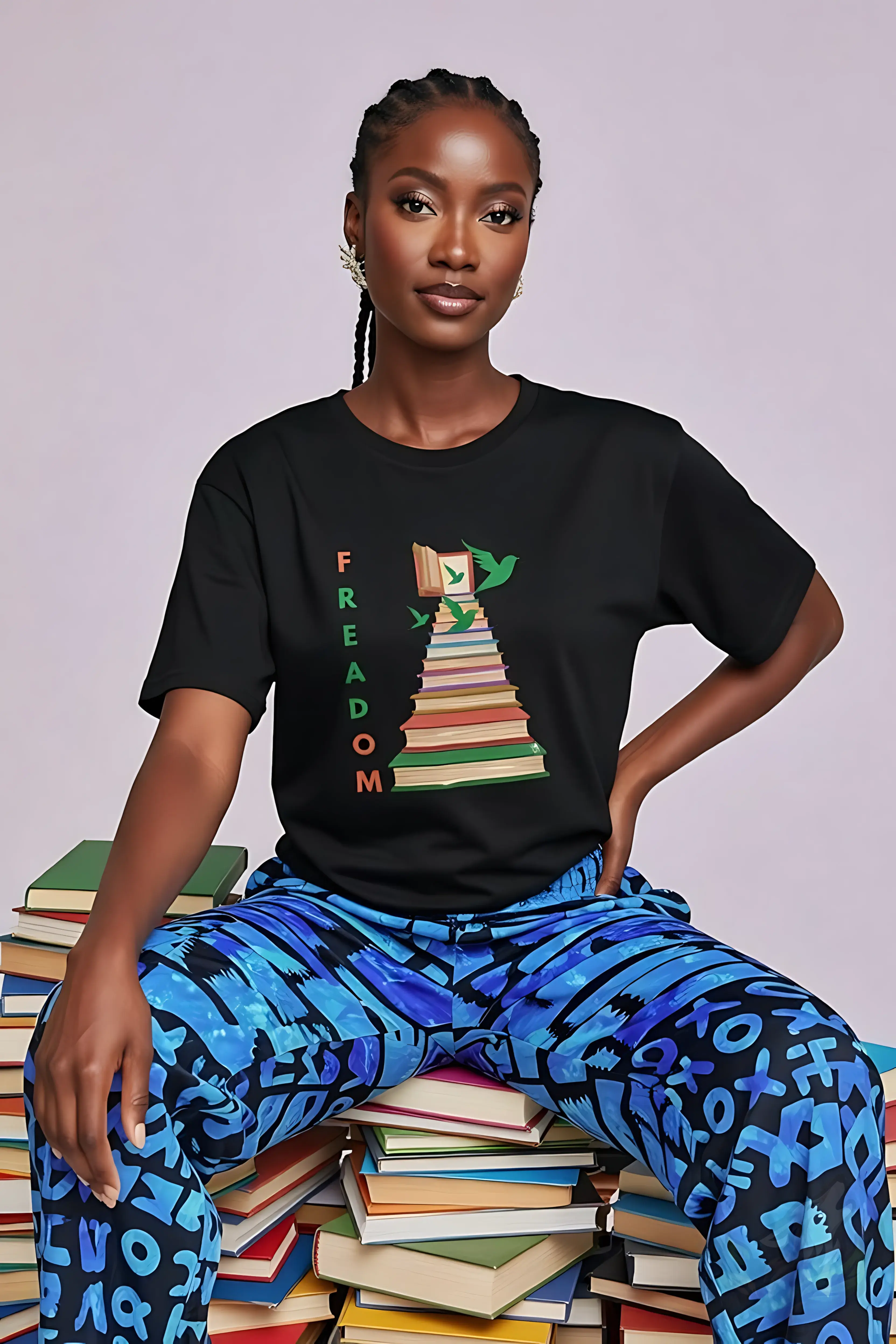Woman seated on stack of books wearing black fitted t-shirt with "FREEDOM" design of books and flying birds.