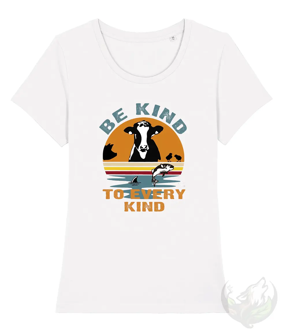 Thumbnail: White scoop‑neck women’s vegan shirt with the “Be Kind to Every Kind” sunset animal design.