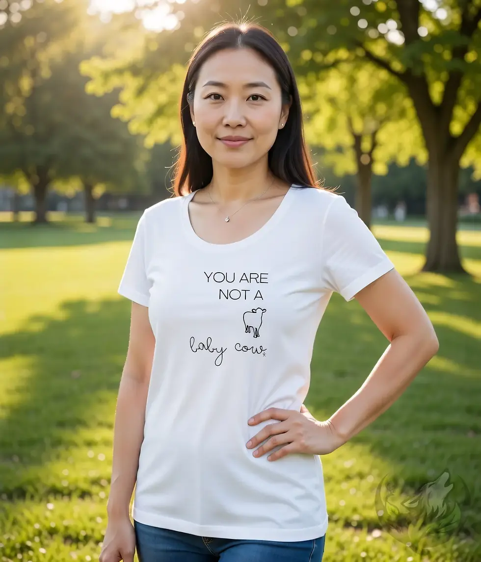Thumbnail: White scoop‑neck tee with the Vegan Quotes “You Are Not a Baby Cow” design worn in a park setting.