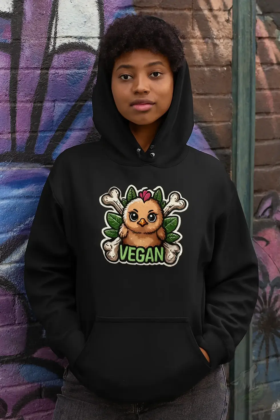 Black unisex hoodie showing spooky cute chick design with crossed bones and "VEGAN" slogan.