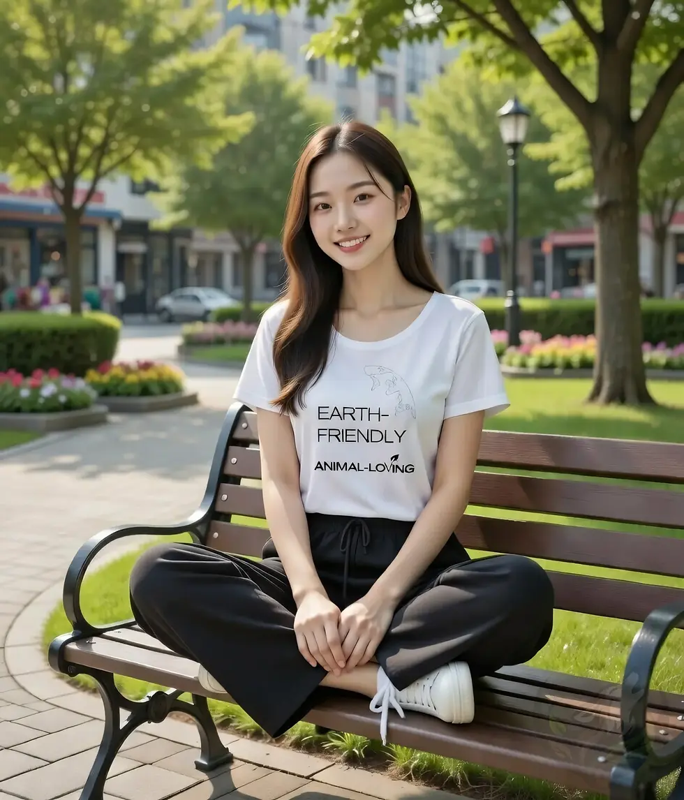 Thumbnail: White scoop‑neck tee with the Vegan Quotes “Earth‑Friendly Animal‑Loving” design worn while sitting in a green city park.