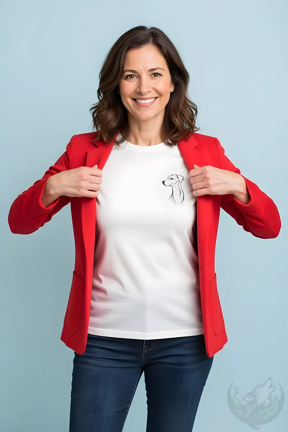 Thumbnail: Woman smiling in a red blazer wearing a white fitted t-shirt with a minimalist dog design on the left chest.
