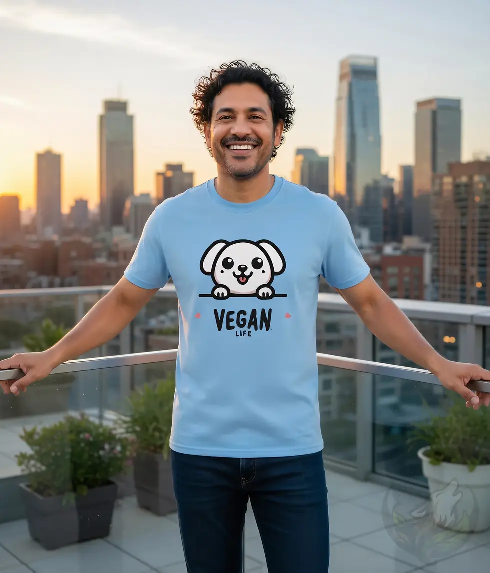 Thumbnail: Light blue unisex t-shirt on smiling man with arms open on balcony, playful dog "VEGAN LIFE" design.