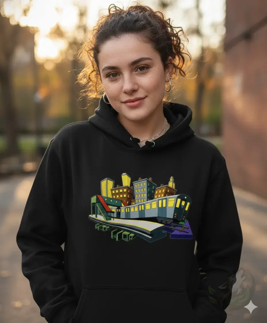 Thumbnail: Woman wearing a black unisex DefP NY Subway hoodie with a colourful subway artwork during golden hour outdoors.