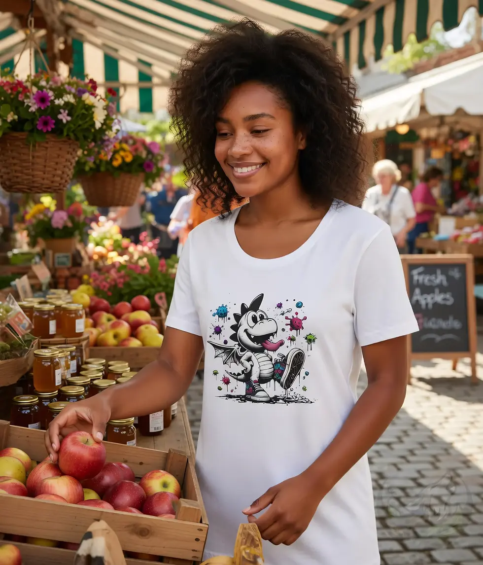 Thumbnail: Smiling woman wearing white scoop neck t-shirt with playful dragon vs germs design at outdoor market.