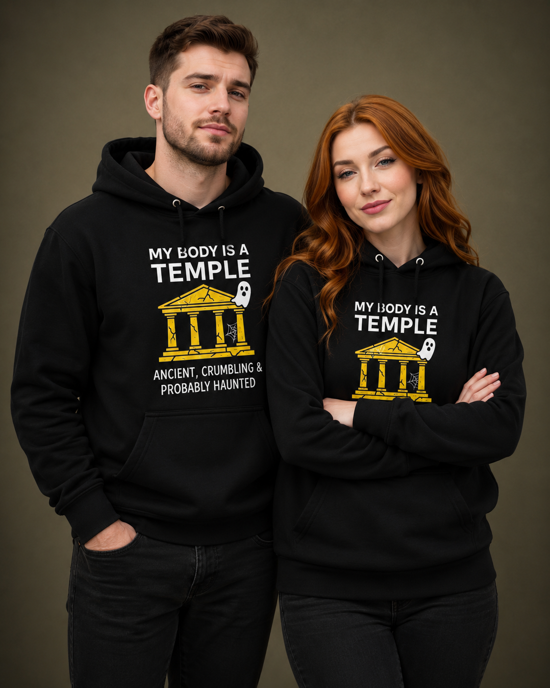 Black unisex hoodie featuring the funny My Body Is A Temple Ancient Crumbling & Probably Haunted design.