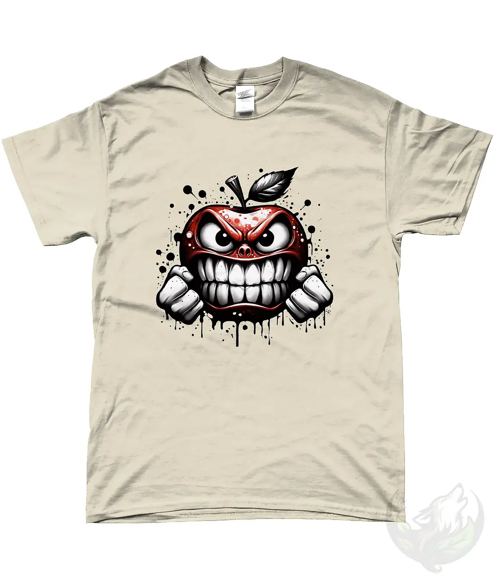 Thumbnail: Natural unisex graffiti angry apple shirt featuring large red cartoon fruit artwork and street style