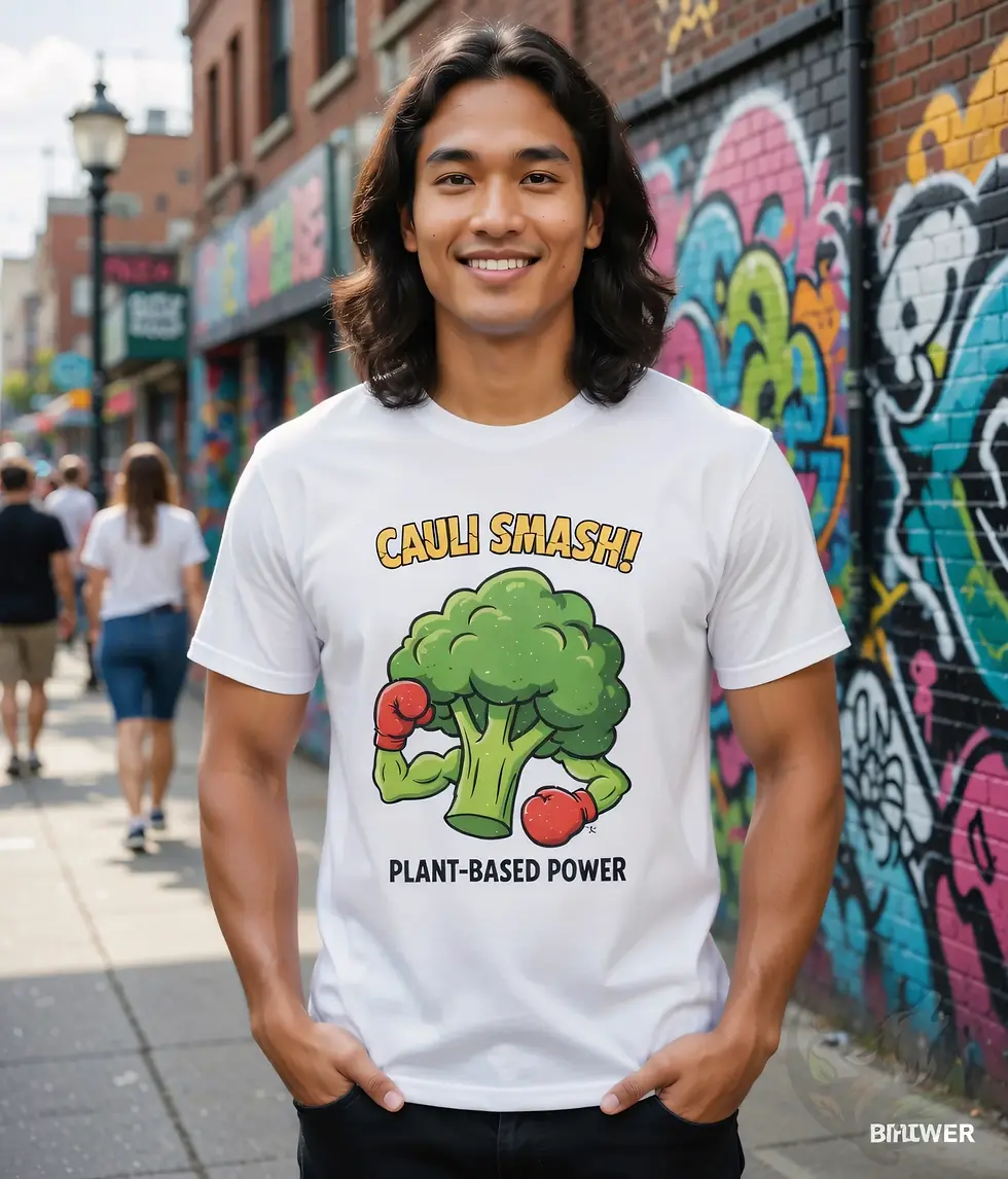 Thumbnail: White unisex t-shirt on smiling man with long hair outdoors, "Cauli Smash! Plant-Based Power" boxing broccoli cartoon.