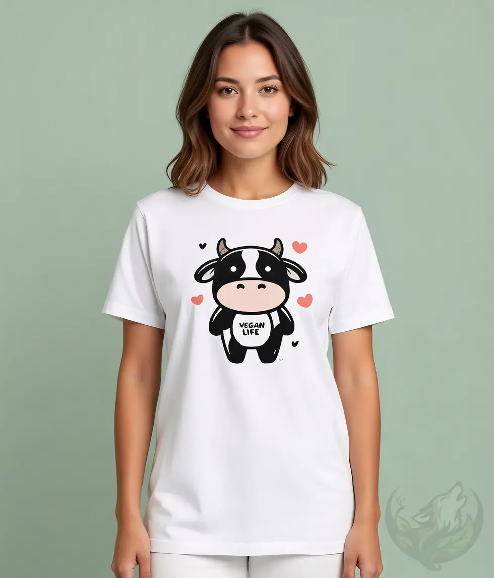 Thumbnail: White fitted tee with Cute Cow Vegan Life design shown against a soft light green background.