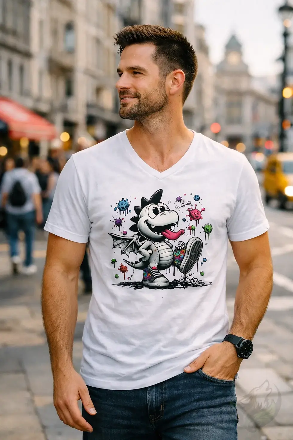 Thumbnail: Man walking in white V-neck Dragon Steps shirt featuring playful dragon cartoon illustration