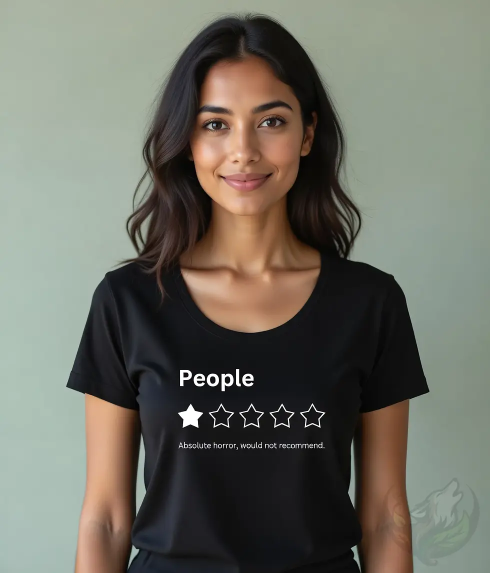 Thumbnail: Woman in scoop neck black t‑shirt with one‑star People Ratings design, posing against a neutral backdrop.
