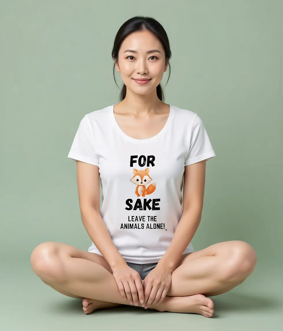Thumbnail: White scoop neck tee with a cute fox design and bold “For Fox Sake” wildlife message.
