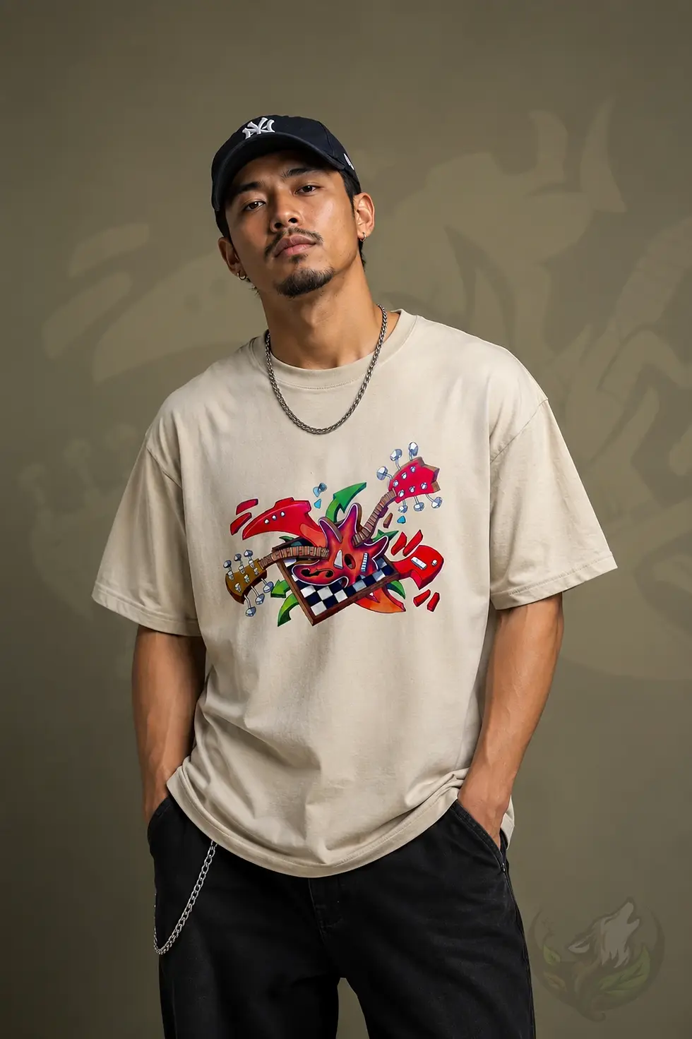 Thumbnail: Man wearing natural unisex Guitar Jam shirt with music inspired design in clean studio portrait