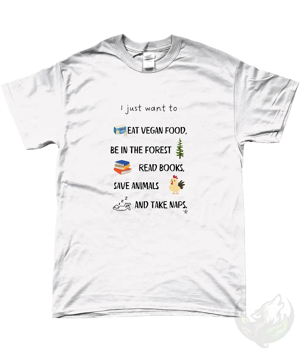 Thumbnail: White unisex t-shirt flat lay with "I Just Want To Eat Vegan Food, Be In The Forest, Read Books..." playful vegan design.