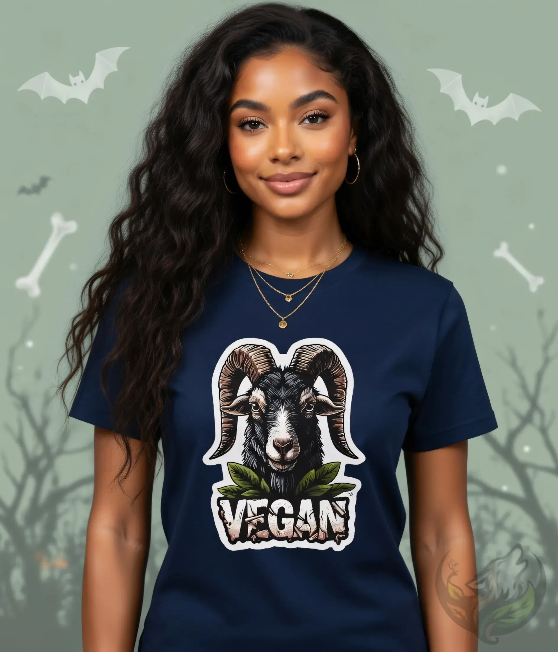 Navy fitted tee with a stylized goat illustration and textured “Vegan” lettering in a dramatic Dark Side art style.