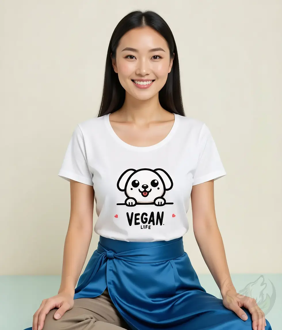 Thumbnail: White scoop‑neck vegan dog design tee styled with blue sash and beige pants while sitting and smiling indoors.