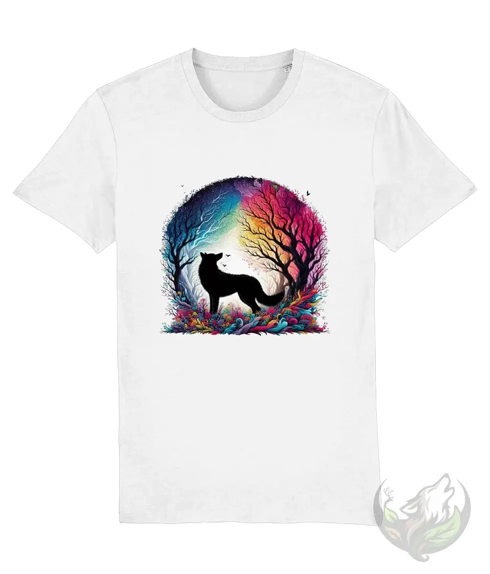 Thumbnail: White organic Creator T-shirt with colorful wildlife wolf silhouette and vibrant forest design