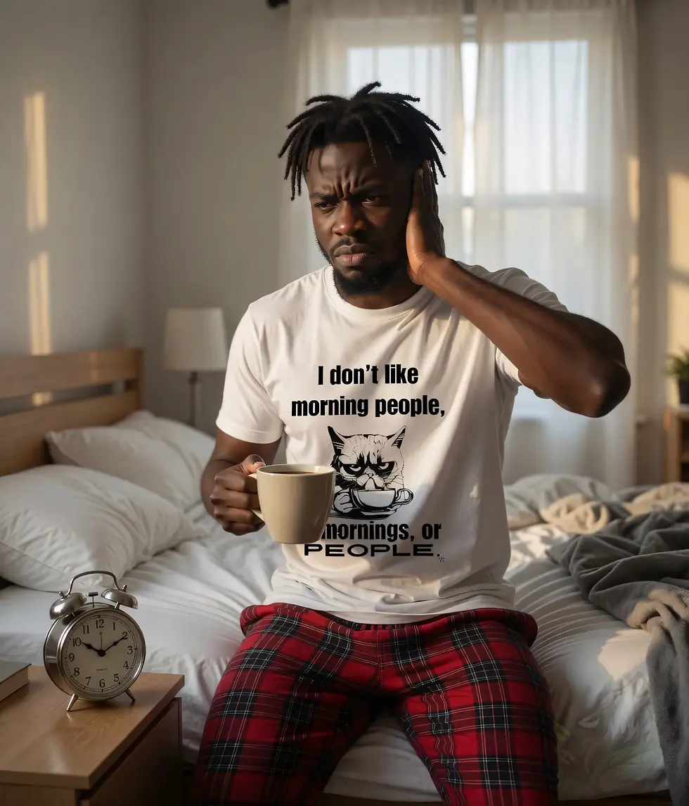 Man wearing white unisex grumpy cat coffee shirt in bedroom with tired morning coffee expression