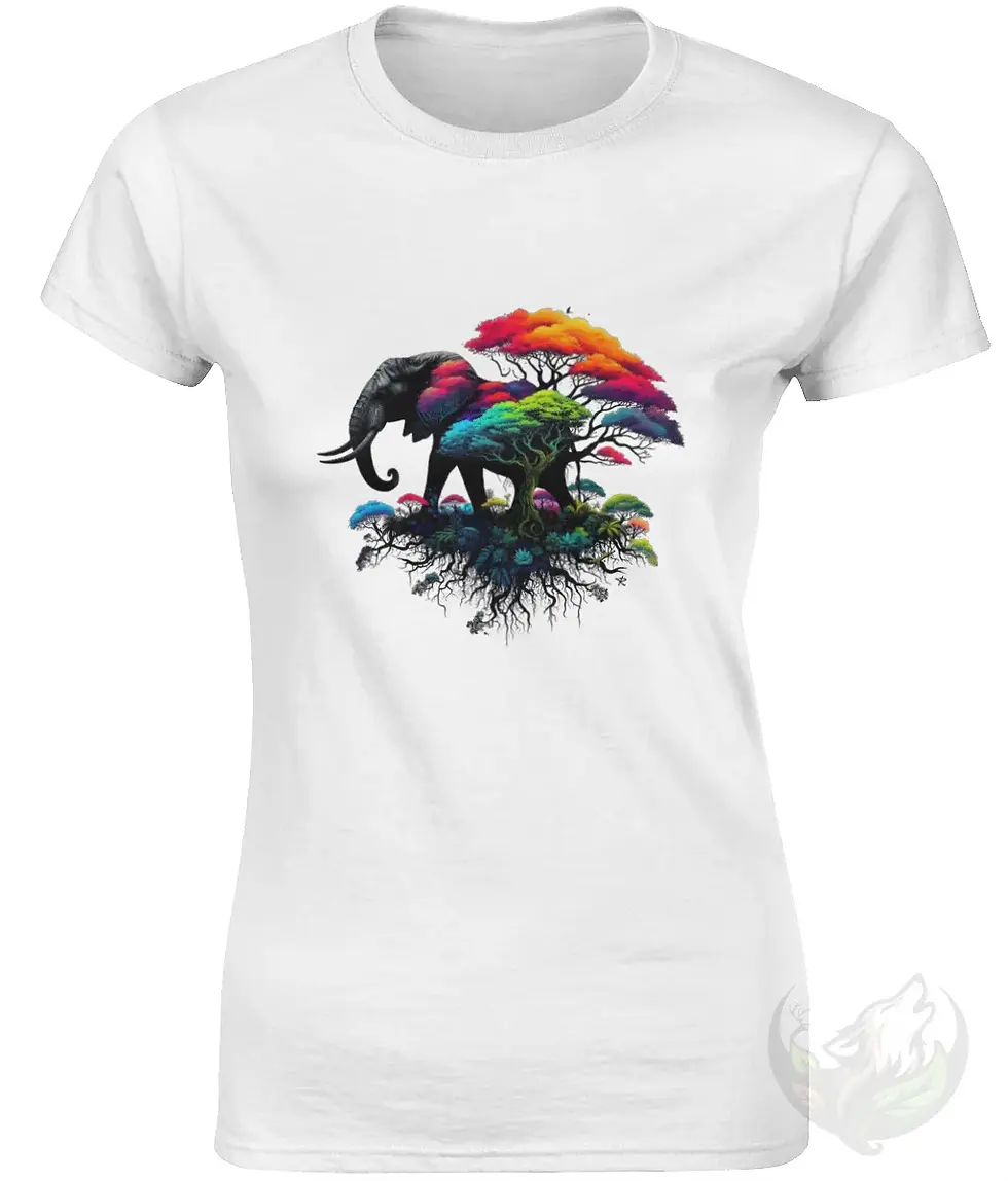 Thumbnail: White fitted tee displaying the colorful elephant illustration on a clean, minimal mockup background.