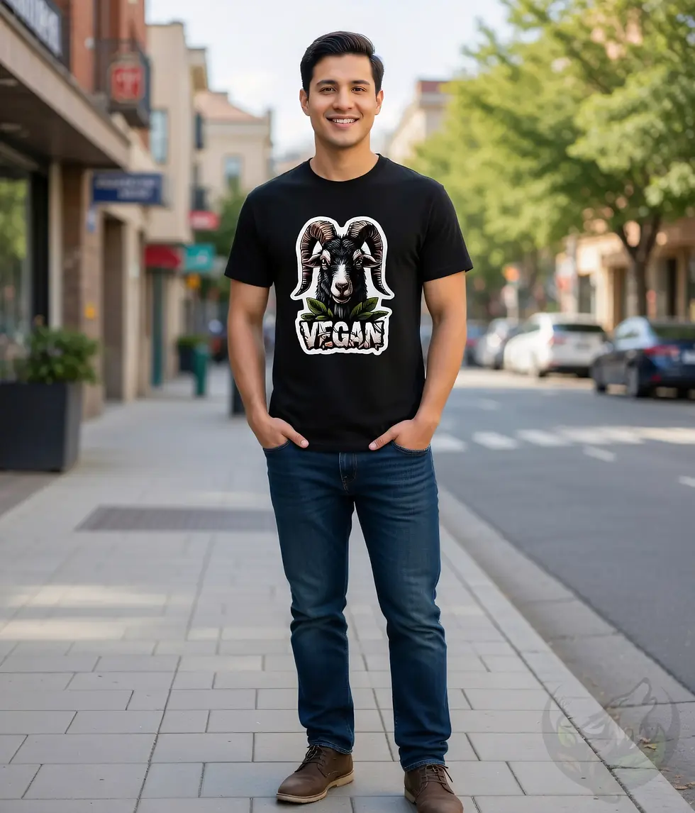 Black unisex t-shirt worn by smiling man on city street, "Vegan" ram goat spooky dark side cartoon.
