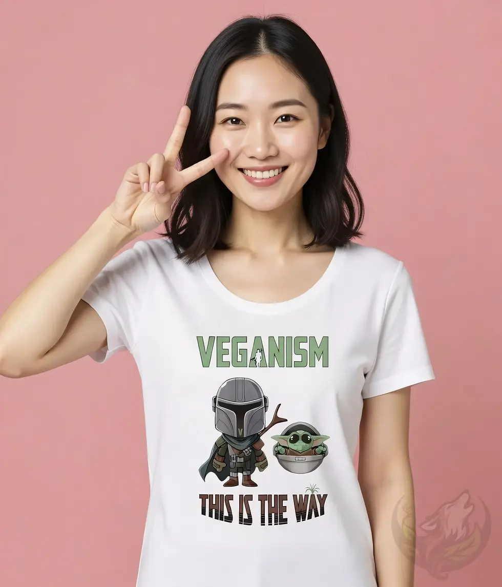 Thumbnail: white veganism this is the way shirt with cartoon mandalorian and grogu worn against bright pink background