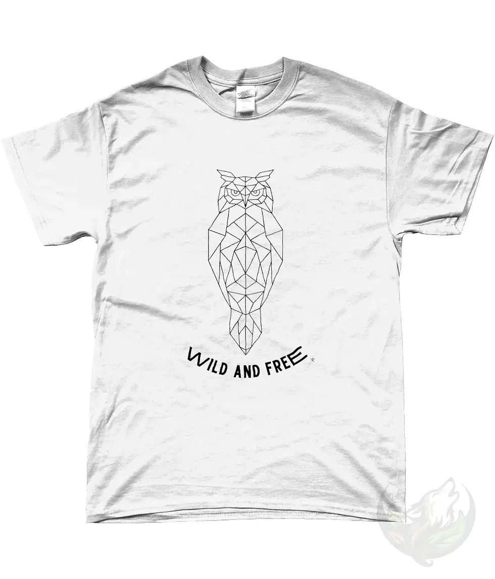 Miniaturbild: White unisex shirt with geometric owl artwork and Wild and Free text, available in extended sizes