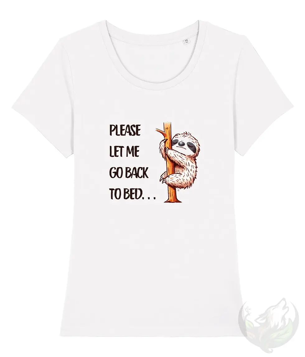 Thumbnail: White women’s scoop neck t-shirt with funny sleepy sloth hugging a tree and text "Please Let Me Go Back To Bed...".