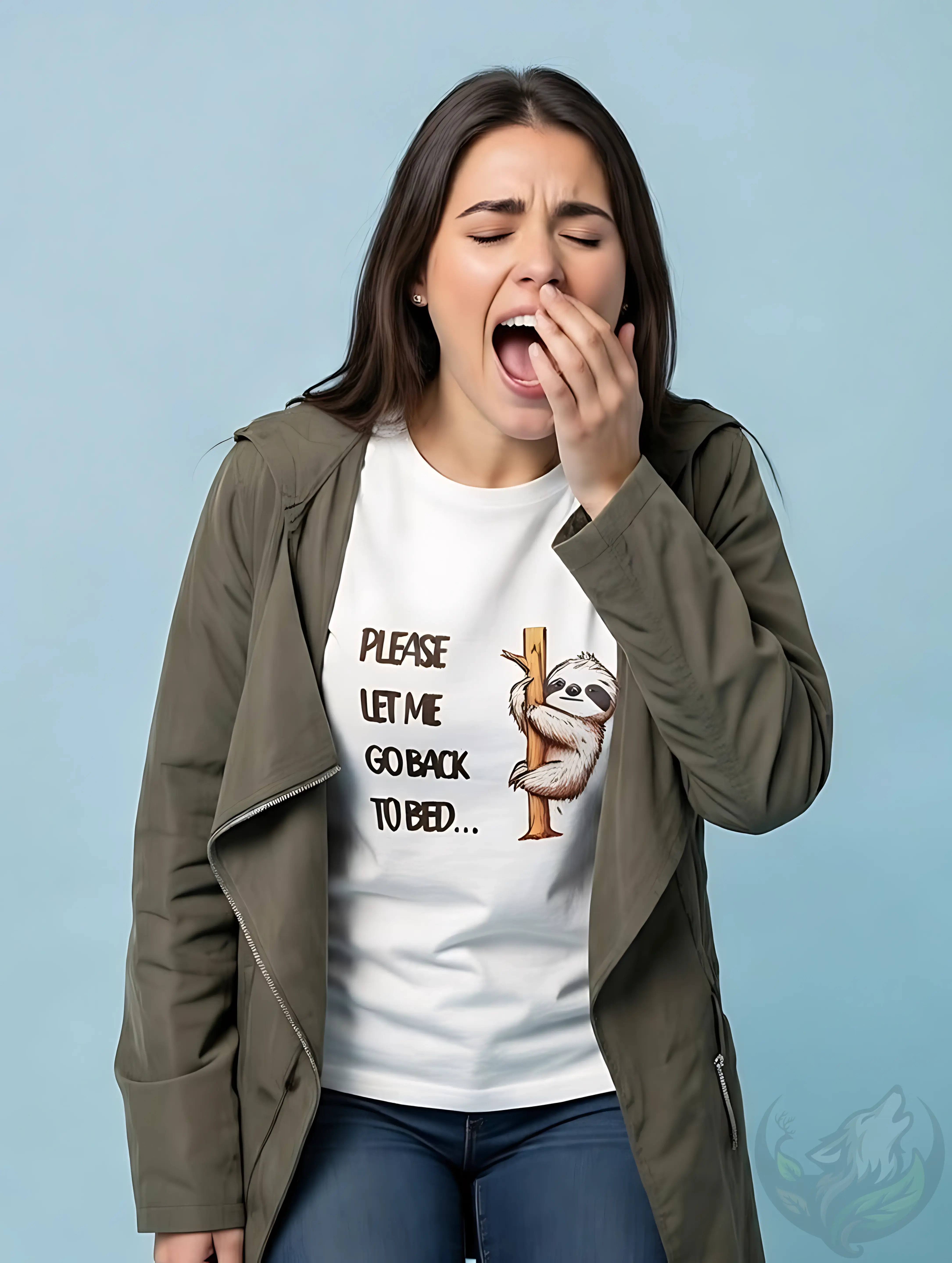 Woman with long dark hair yawning with hand over her mouth while wearing a white fitted t-shirt featuring the funny sleepy sl